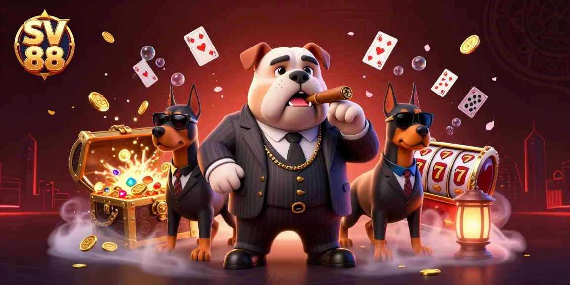 SV 88 mafia boss bulldog leads a dynamic gaming scene filled with treasure and excitement.