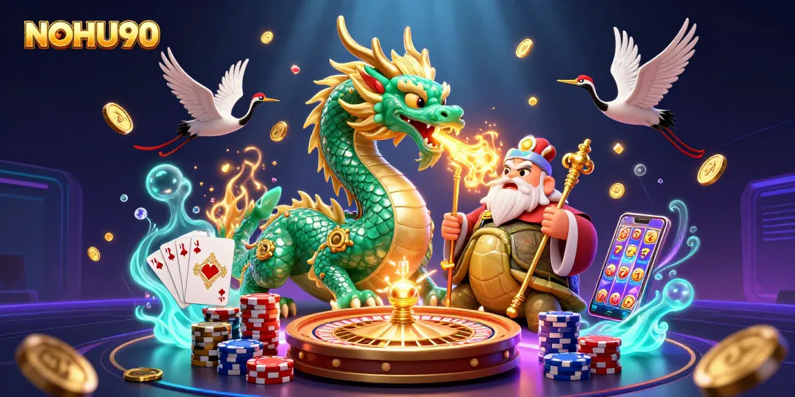 Experience the thrill of NOHU90 with the dragon and golden elements in a rich gambling illustration
