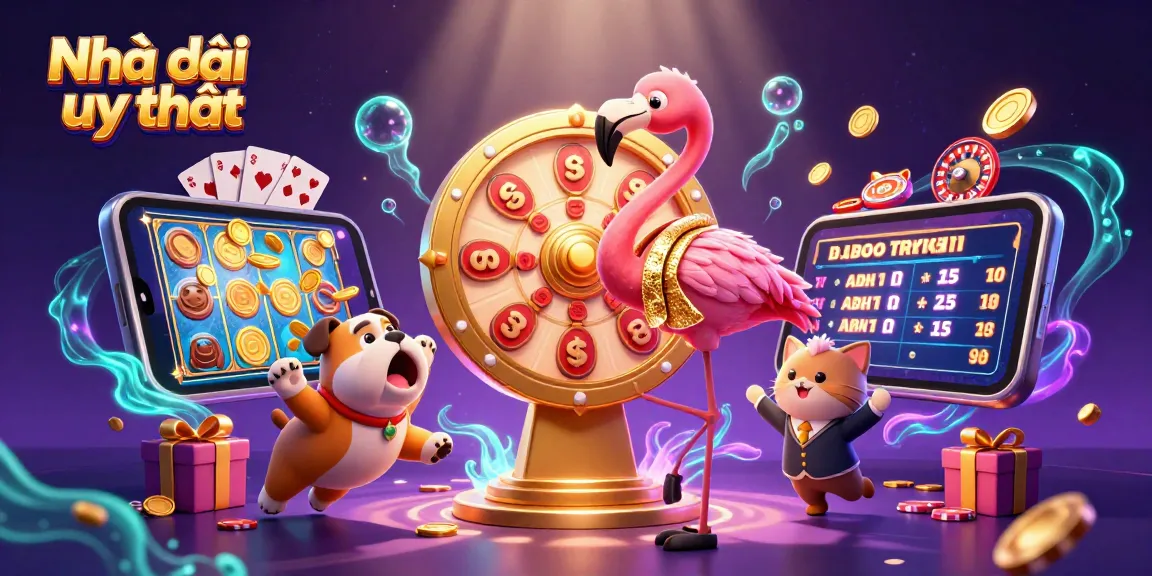 Engage in thrilling action at Nhà cái uy tín, with a lively game show scene featuring a golden prize wheel and excited characters.