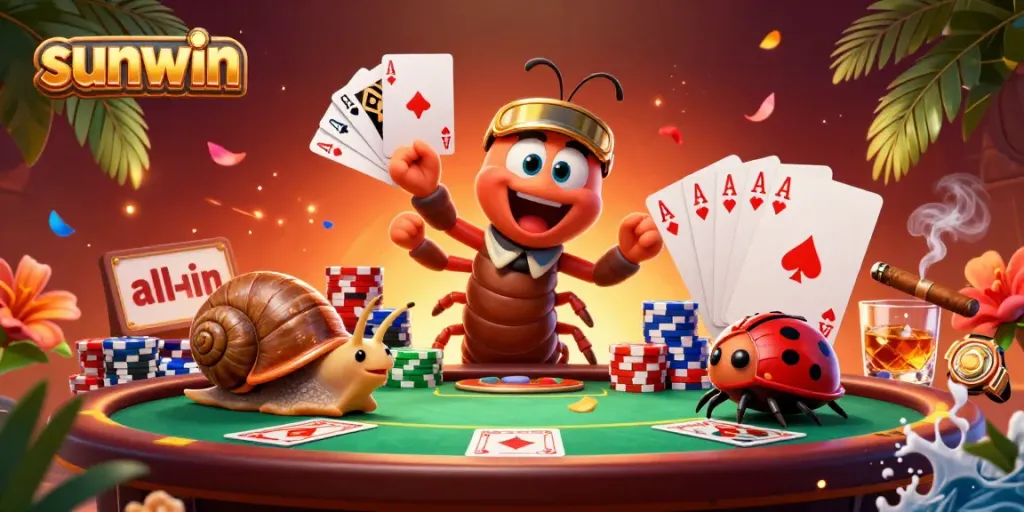 Sunwin's vibrant gambling scene showcases a cartoon millipede dealer and a snail high-roller at a poker table, featuring dynamic game elements.