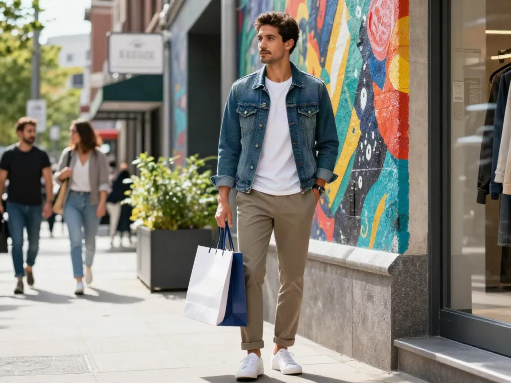 Heren kleding online: man in stijlvolle outfit met shoppingtas in een levendige stedelijke omgeving.