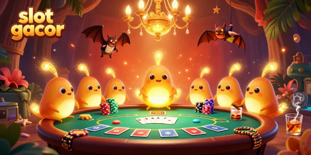 Engage with slot gacor action in a vibrant cave casino filled with colorful poker chips and dynamic glowworms.