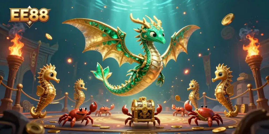 Experience the enchanting EE88 casino adventure featuring a vibrant underwater scene with treasure and excitement.