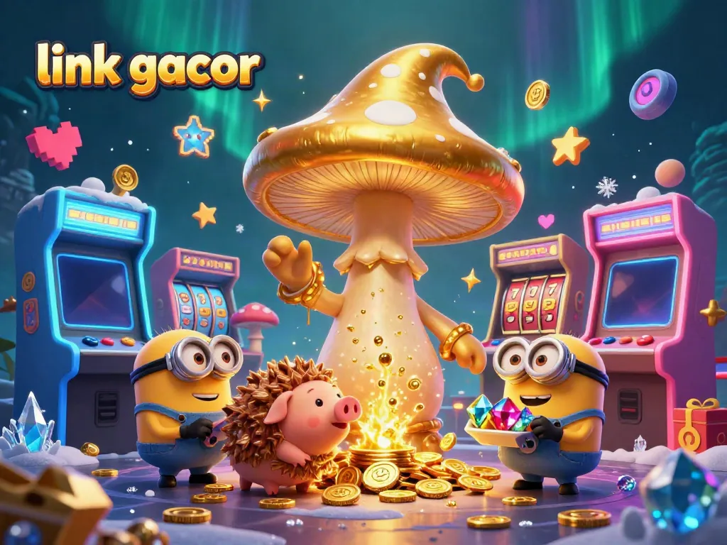 Engage with the link gacor magic as a golden mushroom wizard brings fortune with vibrant casino elements.