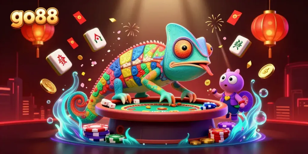Experience the vibrant world of go88 casino with a colorful chameleon mascot, dynamic game elements, and carnival atmosphere.