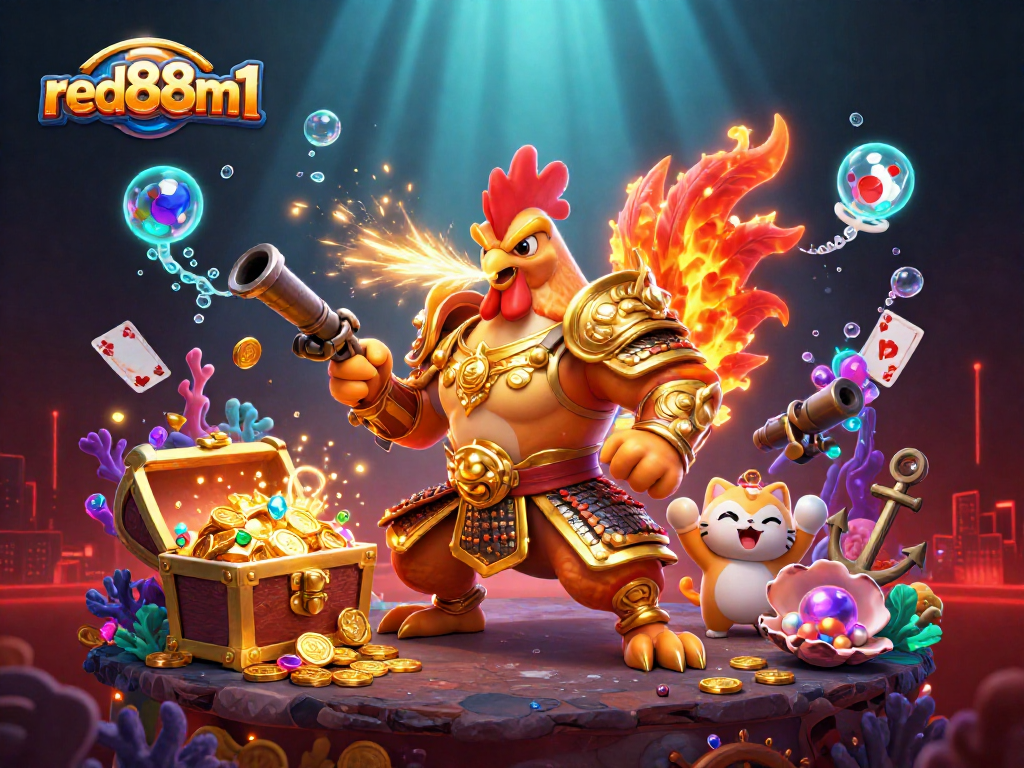 Experience thrilling battles in a red88m1 gaming arena with vibrant characters and iconic casino elements.