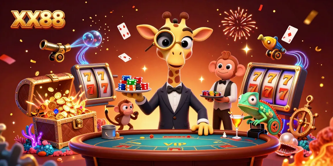 Experience the thrill of XX88 with a high-roller giraffe at a stellar casino scene.
