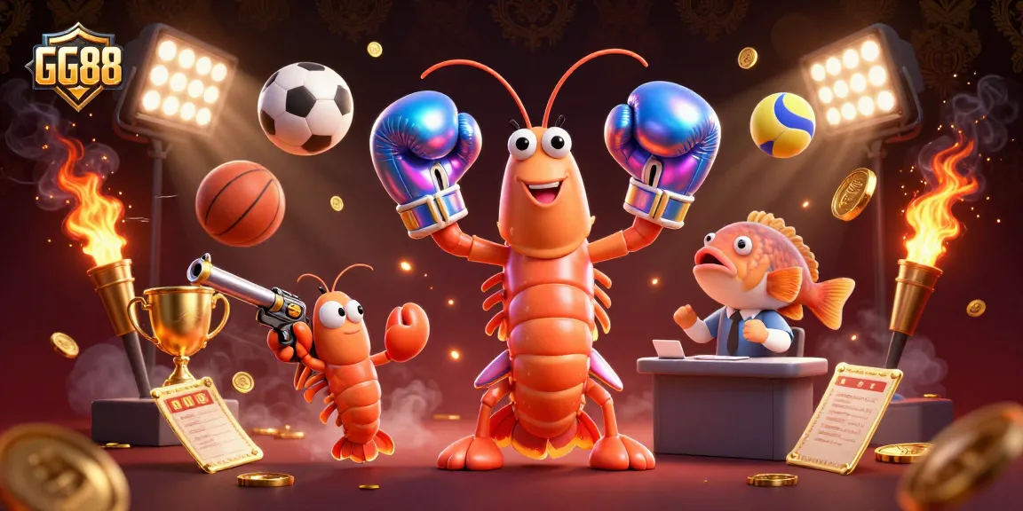Engage with GG88's vibrant casino atmosphere featuring shrimp characters and dynamic sports elements.