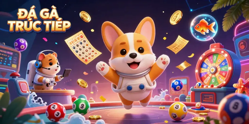 Experience the thrilling action of ĐÁ GÀ TRỰC TIẾP in a vibrant casino atmosphere with engaging characters.