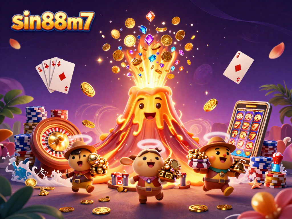 Engage with sin88m7's thrilling gaming experience, featuring an erupting golden volcano and treasure-filled adventure.