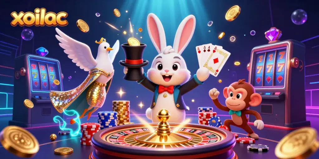 Engage with xoilac’s magical online casino experience featuring a 3D magician rabbit and vibrant game elements.
