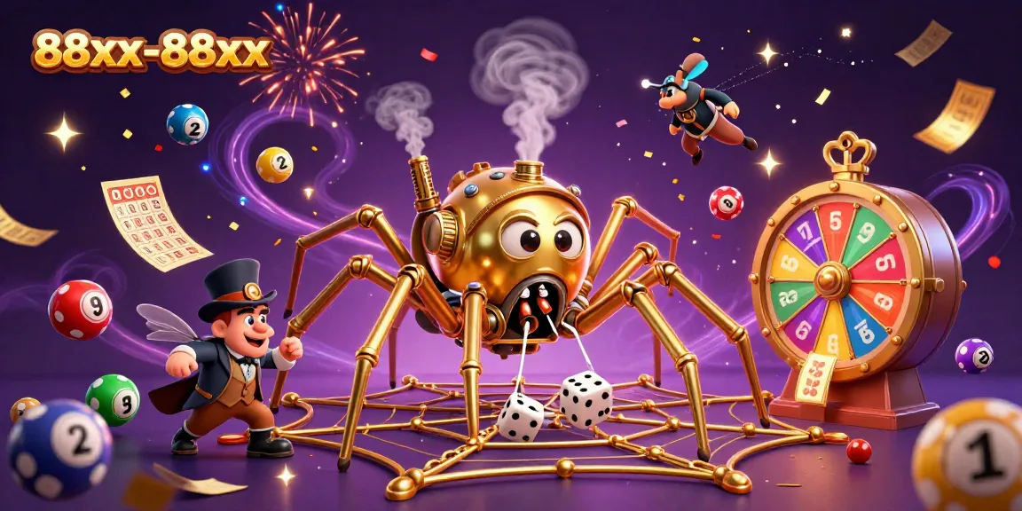 Engage with 88xx-88xx through a vibrant gambling-themed illustration of steampunk characters and prizes.