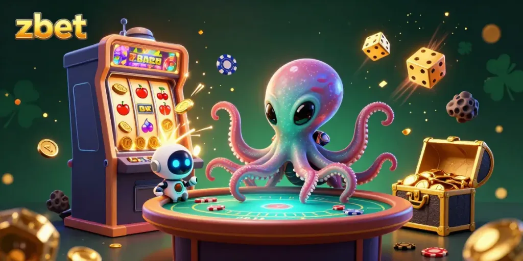Engage with zbet's vibrant alien-themed casino adventure showcasing 3D animation of unique gaming elements.