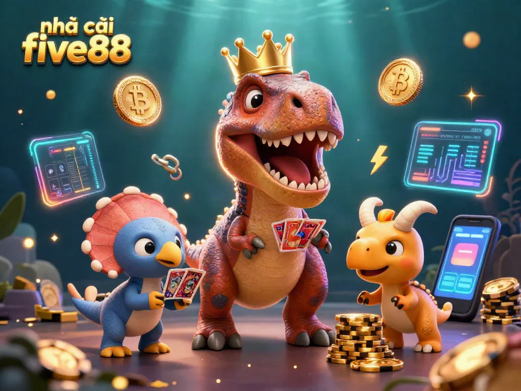 Join the excitement at nhà cái five88 with friendly casino characters and glowing crypto elements.