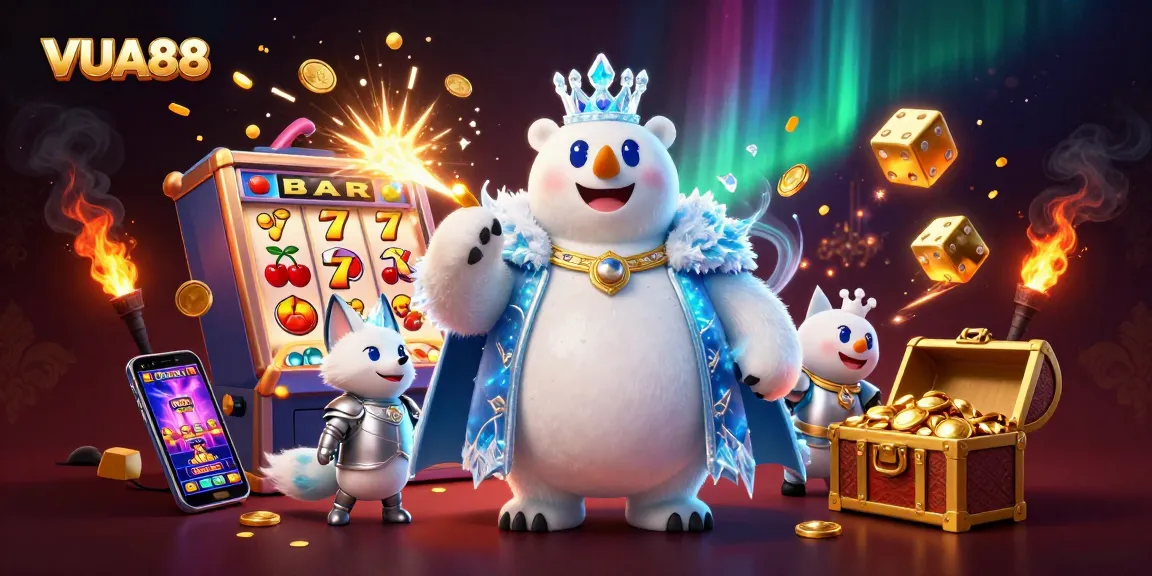 Experience thrilling slots and jackpots at VUA88, featuring a vibrant 3D illustration.