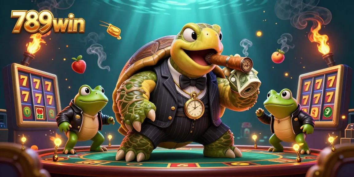 789win showcases a lively casino scene featuring a snapping turtle and bullfrog enforcers surrounding slot reels.