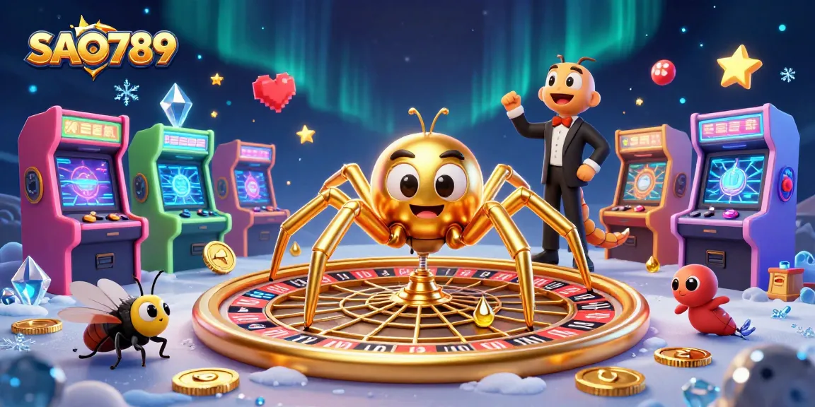 Engage with SAO789 as a fly nervously bets at a roulette wheel spun by a golden spider, in a colorful casino scene.