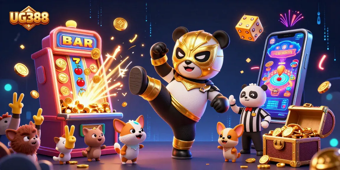 Experience the thrill of gaming at UG388 with panda wrestler, slot machine, and animal fans in action.