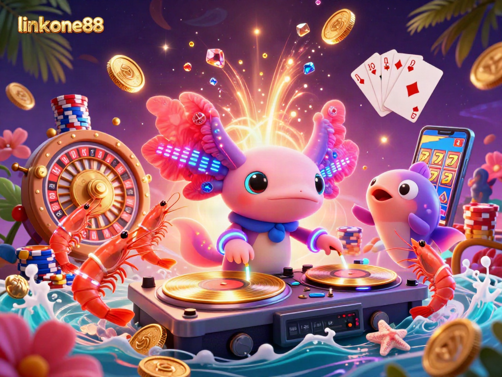 Join the excitement at link one88 with a vibrant scene of an axolotl DJ spinning golden records amid cascading coins and poker elements.