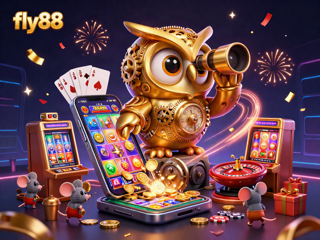 Experience vibrant gaming with fly88 as a golden owl and wind-up mice come alive in a lively casino scene.