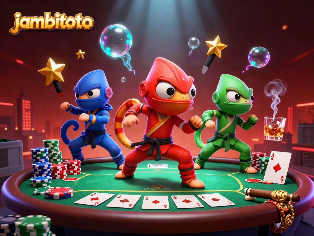 Engage with the thrilling world of jambitoto as colorful chameleon ninjas showcase synchronization amidst poker chips and cards.
