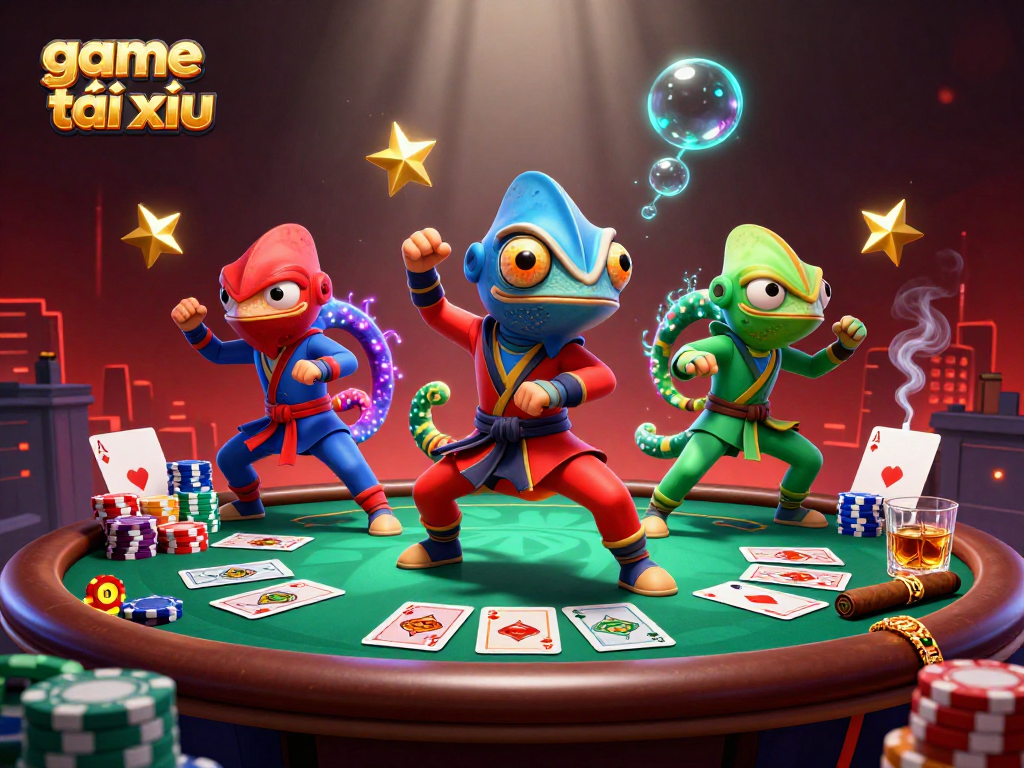 Engage in thrilling game tài xỉu action with ninja chameleons amid vibrant casino elements.
