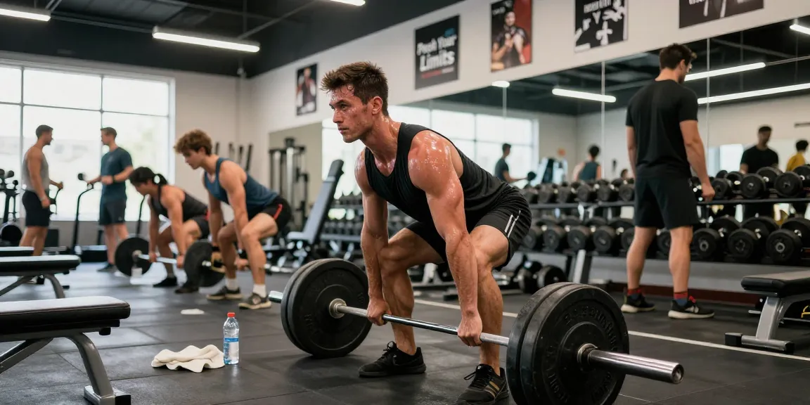 Bodybuilder lifting weights at a gym featuring Prime Pharma Steroiden products, demonstrating strength and commitment.