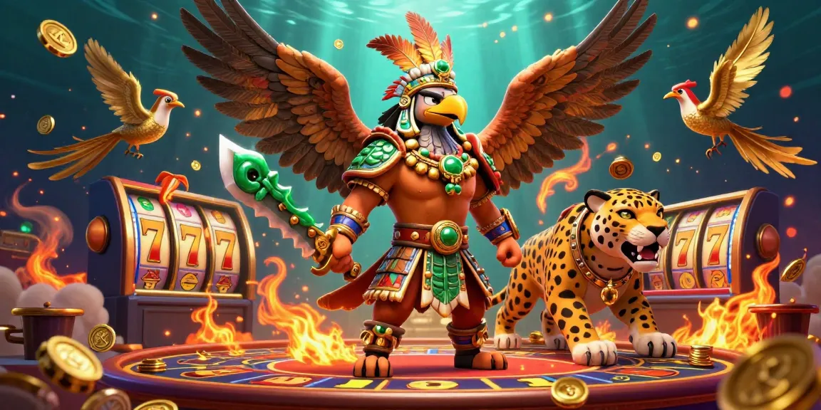 X777 APK showcases a vibrant scene with Aztec warrior characters in a dynamic casino environment.