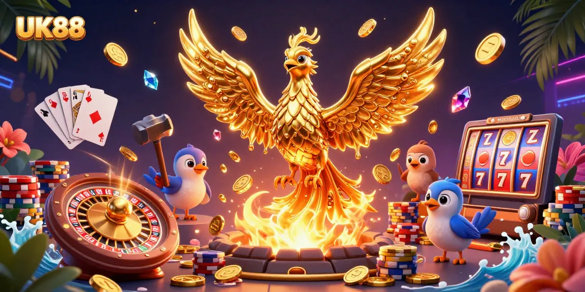 Experience the UK88 magical gaming world with immersive 3D elements, golden phoenix, and vibrant casino symbols.