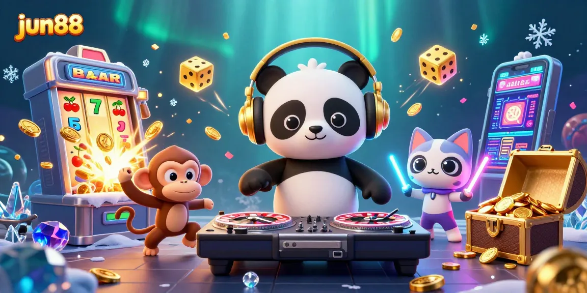 Experience the vibrant excitement of jun88 with a DJ panda and monkey in a dynamic casino scene.