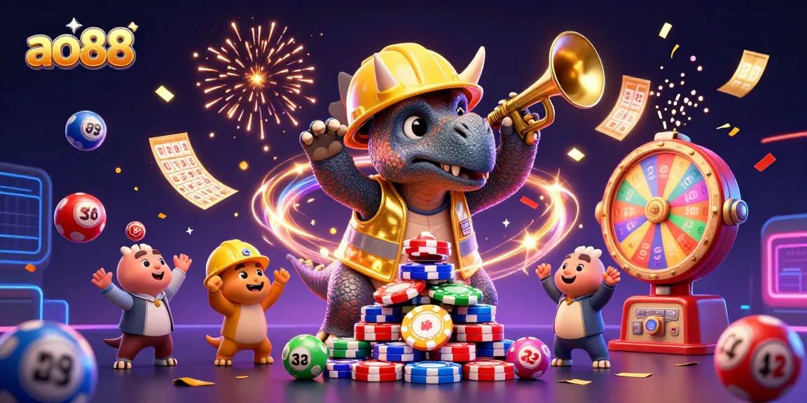 Celebrate with ao88's dynamic casino scene featuring playful dinosaurs constructing poker chip towers.