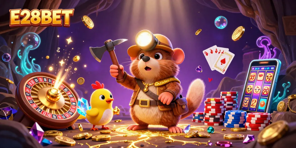 E28BET captivates players with a vibrant casino scene featuring a treasure-hunting mole and spectacular game elements.