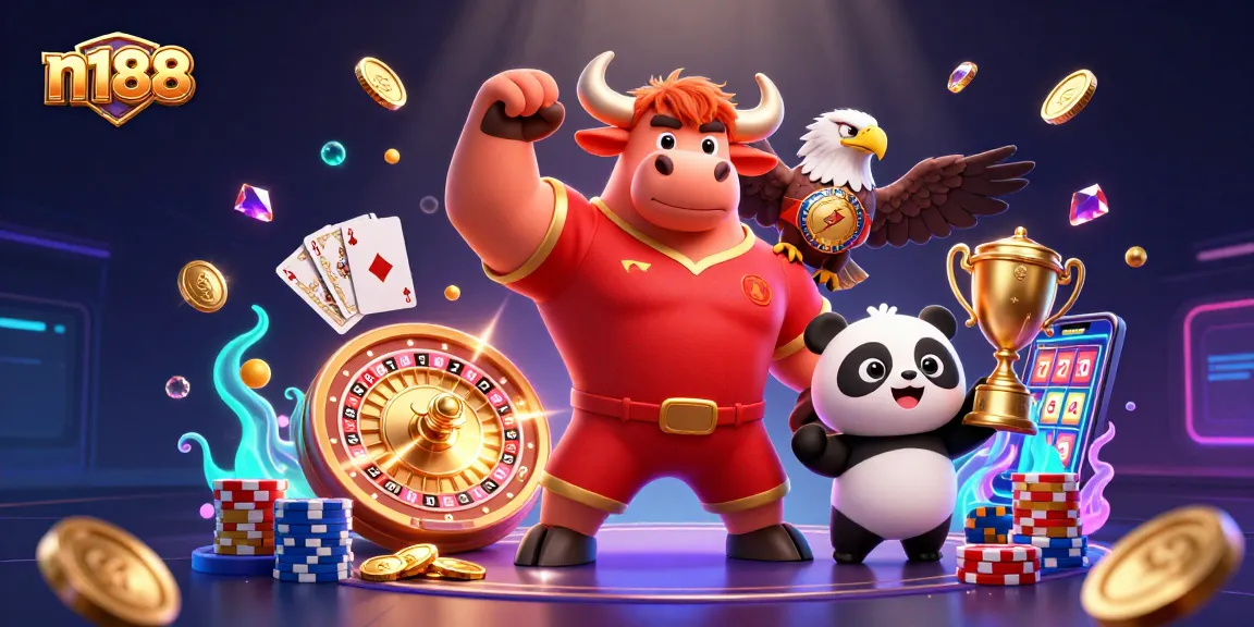 Play at n188 with a vibrant 3D casino scene featuring a bull mascot and exciting gaming elements.