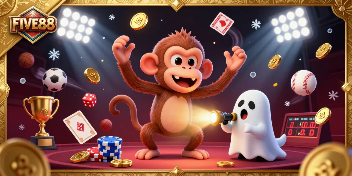 Join the excitement with FIVE88 as a ghost-hunter puppy tracks a poltergeist monkey amidst vibrant casino action.