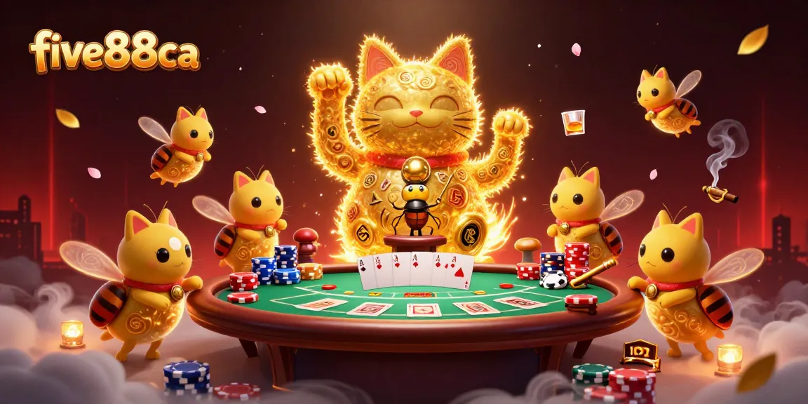 Experience the thrill of gambling with five88ca's dynamic golden lucky cat and poker elements.