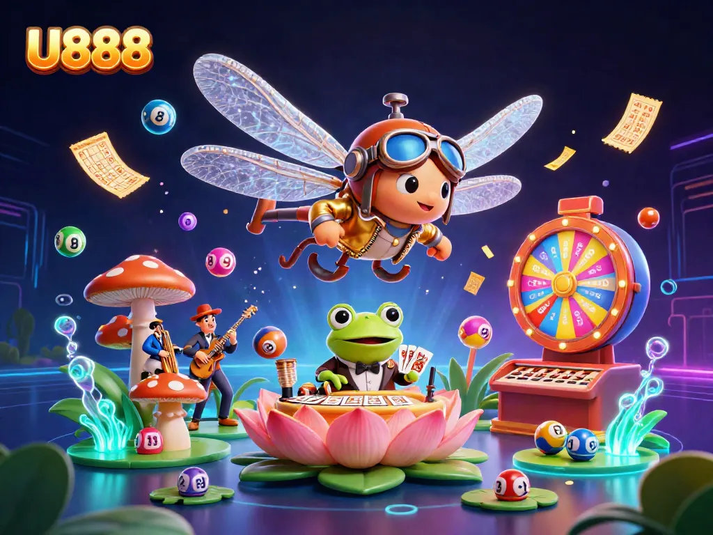 Enjoy thrilling gaming experiences at U888 with a vibrant 3D casino scene featuring unique characters and exciting casino elements.