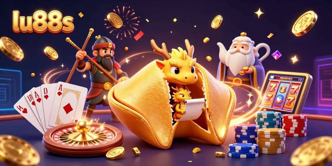 Experience the excitement of lu88s with a golden fortune cookie, dragon, and vibrant casino elements.