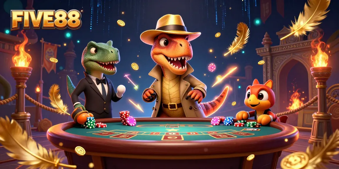 Experience the thrill of FIVE88 with a velociraptor card counter and unexpected action in the casino scene.