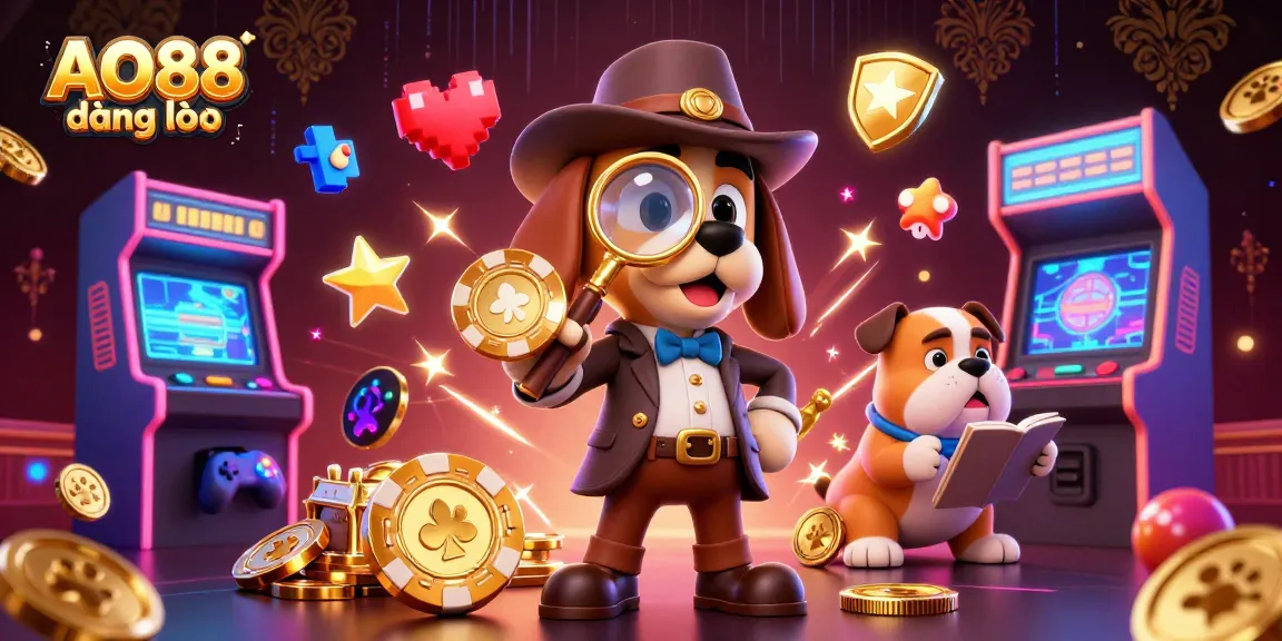 Join the fun at AO88 đăng nhập with a detective cartoon scene surrounded by poker chips and arcade games.