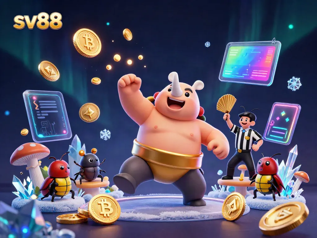 Experience the excitement of sv88 with a rhinoceros beetle champion surrounded by coins and crypto elements in a lively casino scene.