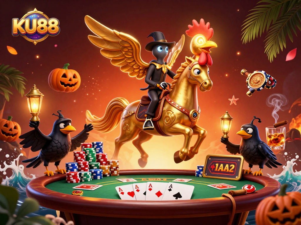 Join the golden rooster at KU88 for a thrilling midnight casino adventure filled with poker excitement.