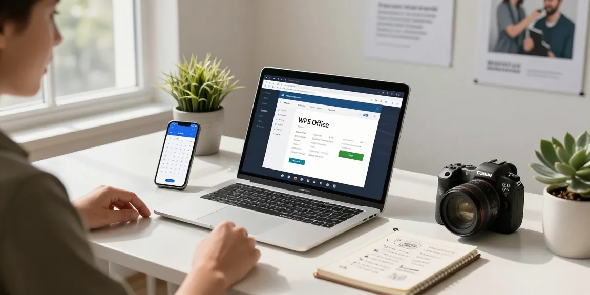 Download WPS Office shown on a sleek laptop in a modern office workspace highlighting productivity tools and a creative atmosphere.