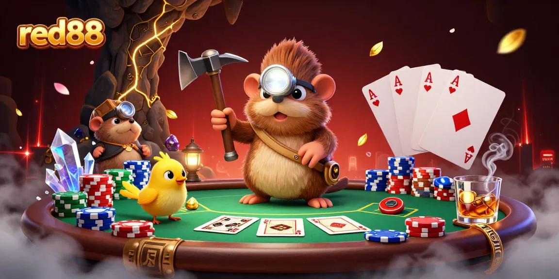 Engage with red88's thrilling poker scene featuring a treasure hunter mole and dynamic game elements.