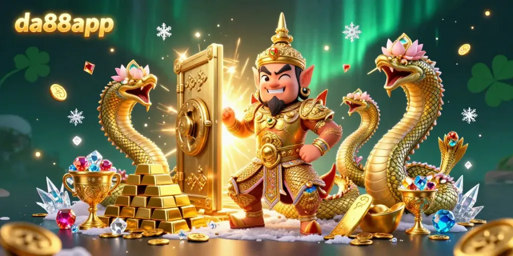 Engage in thrilling gameplay at da88app with a vibrant 3D fantasy scene featuring treasures and iconic guardians.