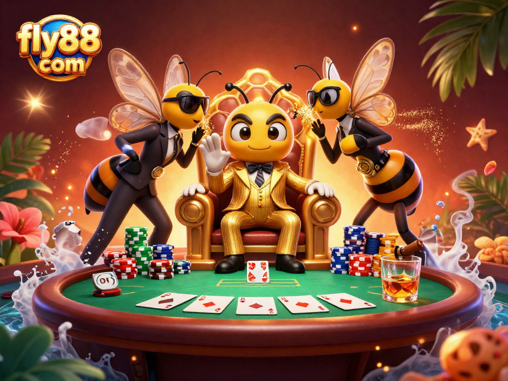 Experience the action at fly88 com with a vibrant 3D casino scene featuring a bumblebee mob boss, poker elements, and a butterfly informant.