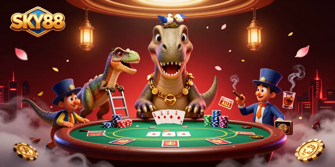 Engage in Sky88 gaming with a giant brontosaurus and clever raptor in a vibrant casino scene.