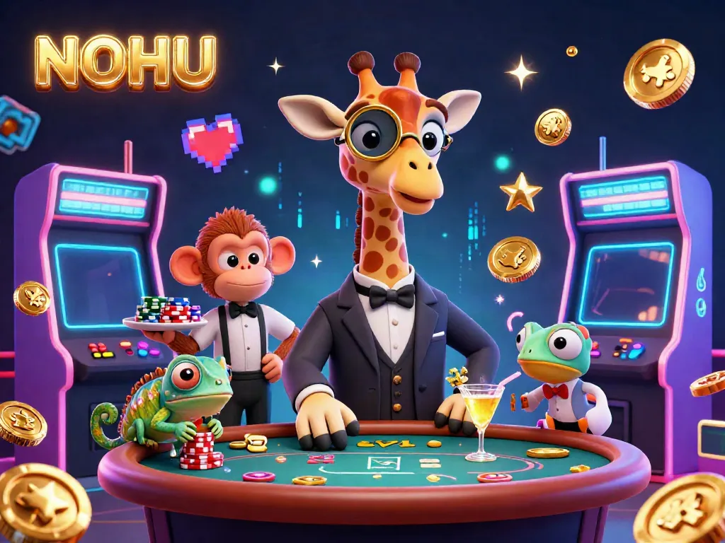 Experience the thrilling ambiance of NOHU, showcasing a high-roller giraffe and lively characters at an extravagant poker game.