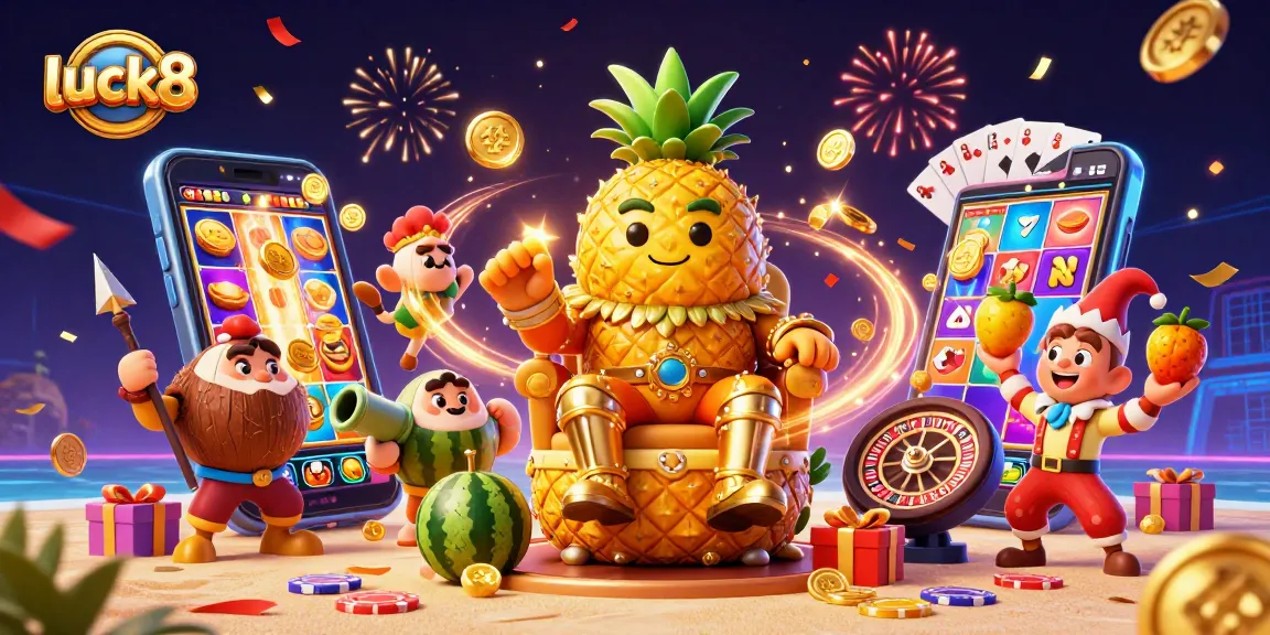 Experience luck8's vibrant casino adventure, featuring a golden pineapple king and thrilling game elements.