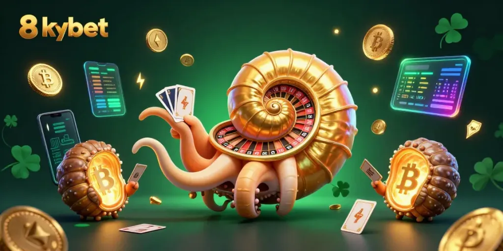 Immerse in 8xbet's vibrant 3D casino scene featuring a giant nautilus and glowing crypto coins.