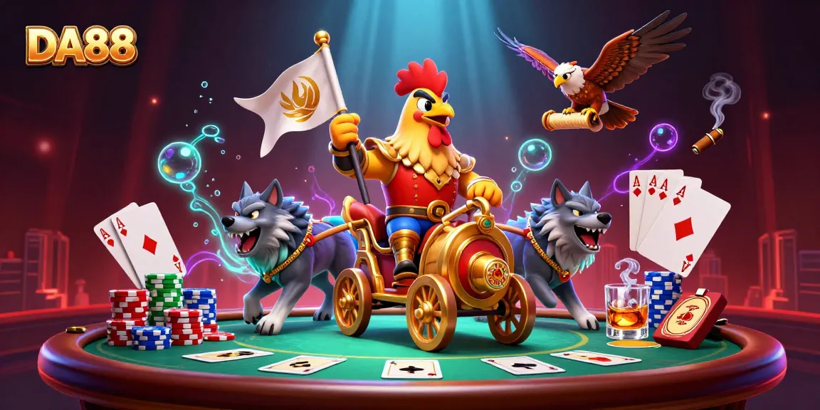 DA88 showcases thrilling poker action with a rooster warlord and cartoon characters in a vibrant casino setting.